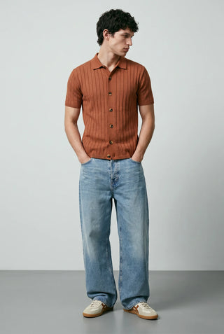 Tuck-Knit Button-Up Polo in Rust Orange