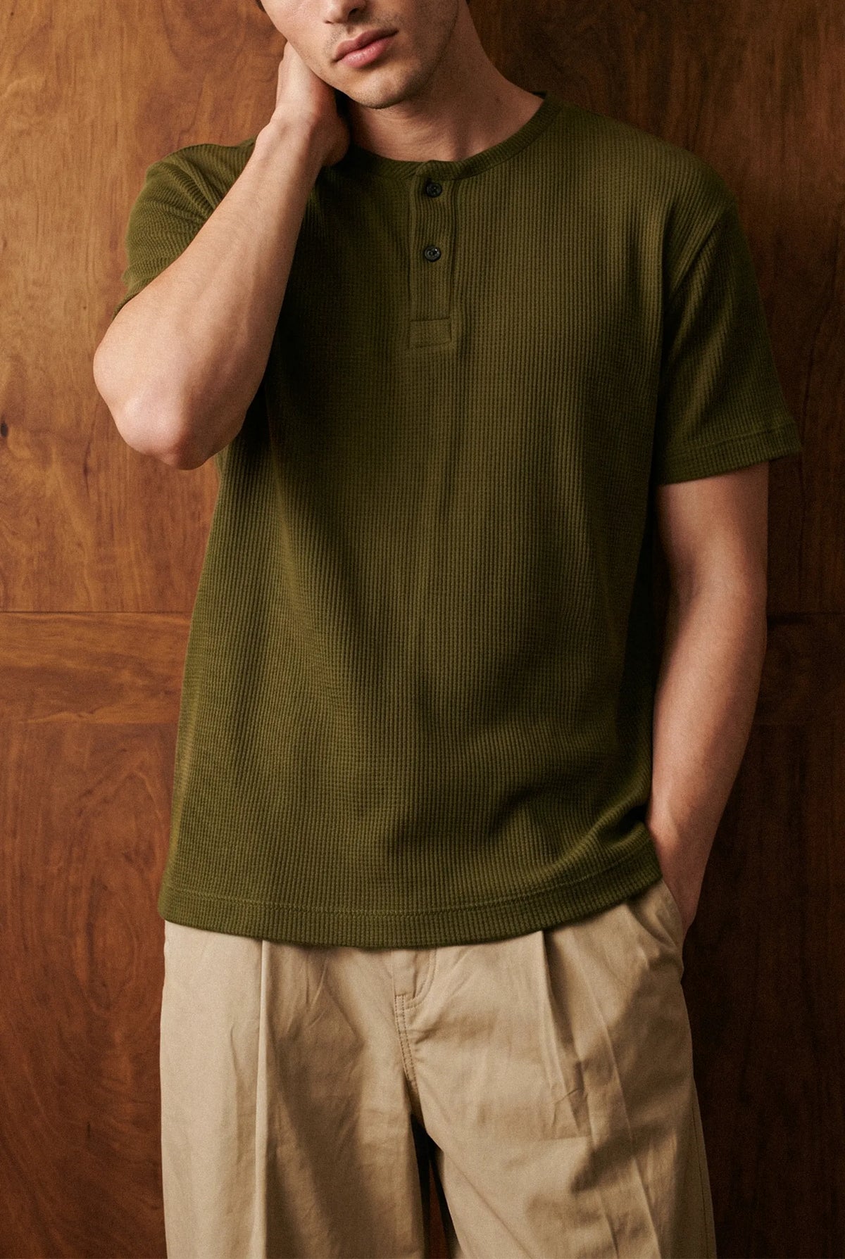 Waffle-knit Henley Shirt in Olive HENLEY ATTIR-MEN