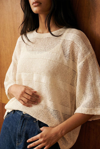 Relaxed Crochet Striped Tee in Ivory