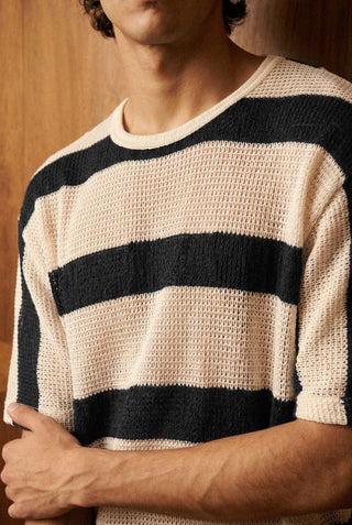 Relaxed Crochet Striped Tee in Black