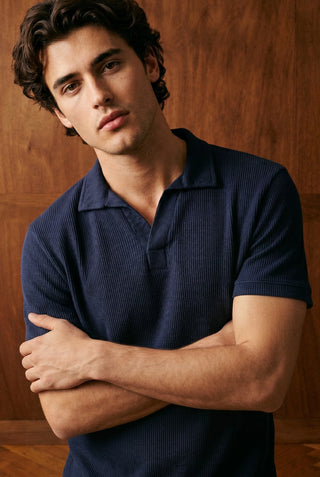 Waffle-Knit Revere Polo Shirt in Navy POLO ATTIR-MEN