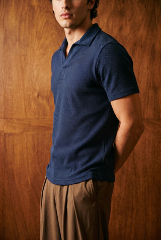 Waffle-Knit Revere Polo Shirt in Navy POLO ATTIR-MEN