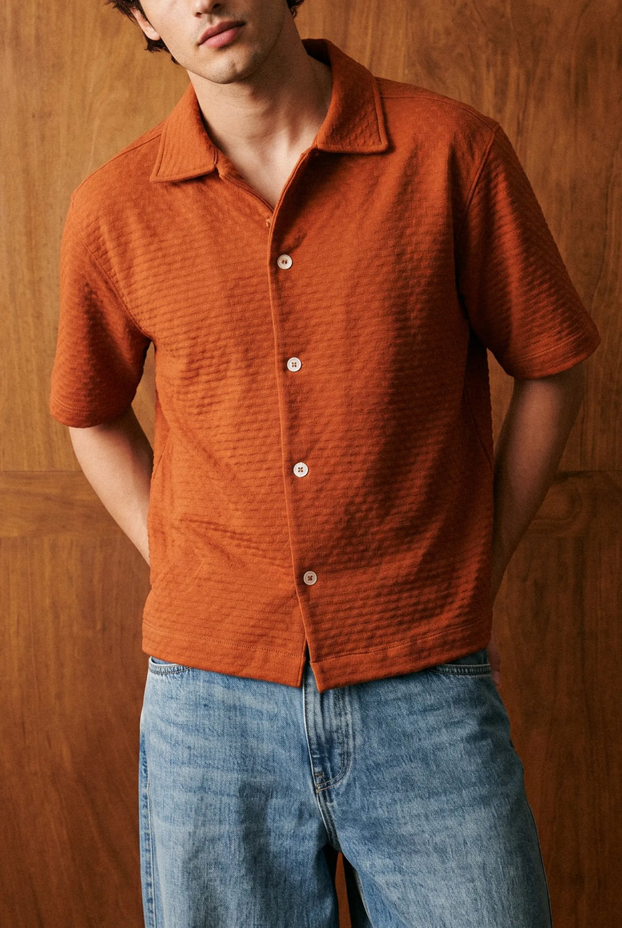Jacquard-knit Camp Collar Shirt in Rust