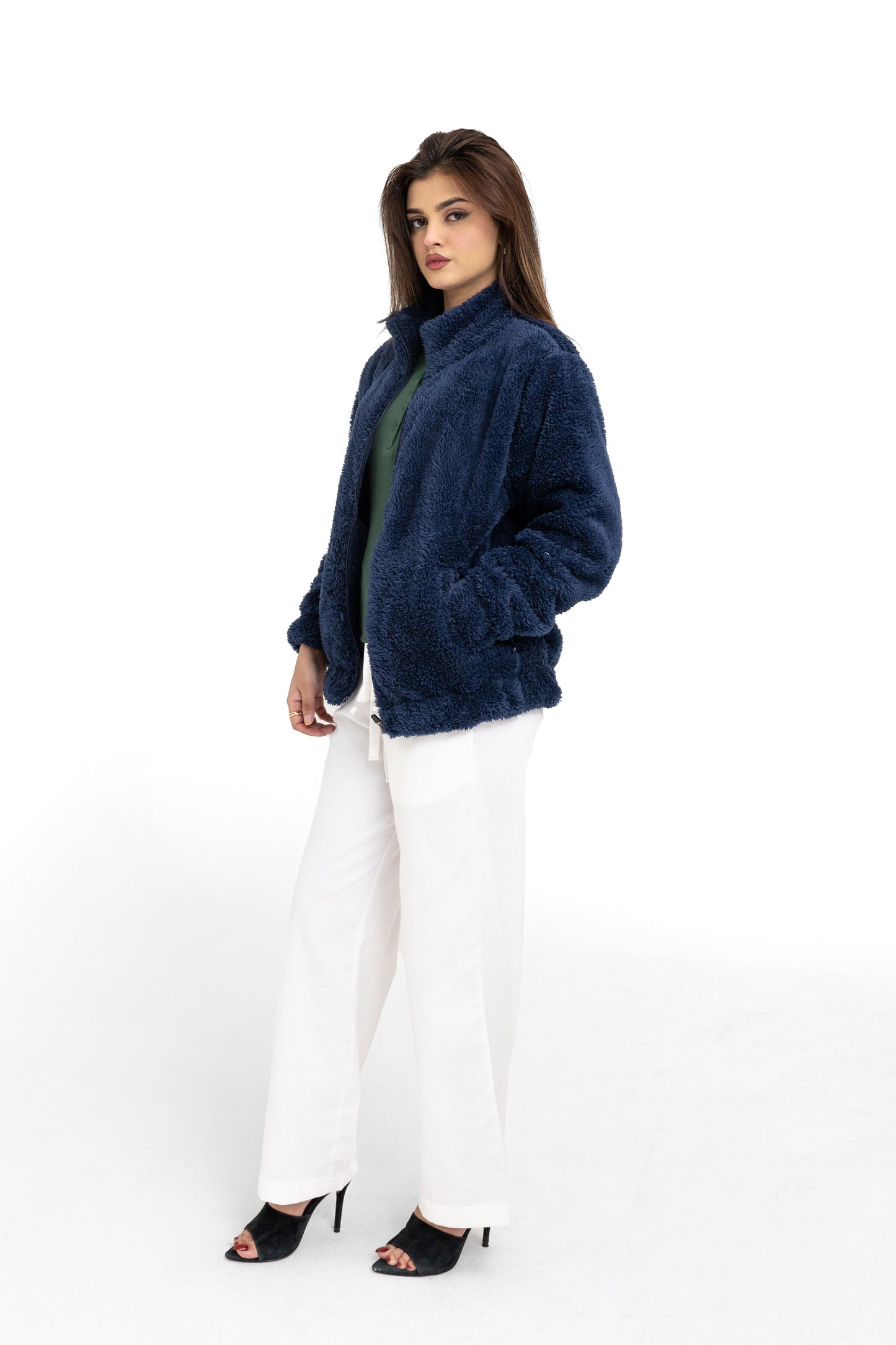 Teddy Fur Mock Jacket in Navy