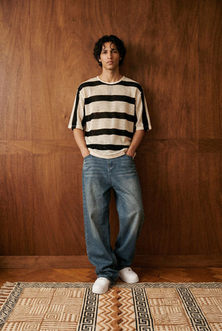 Relaxed Crochet Striped Tee in Black