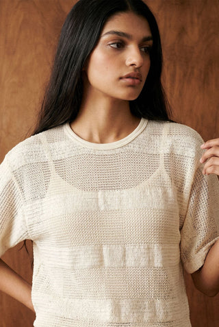 Relaxed Crochet Striped Tee in Ivory