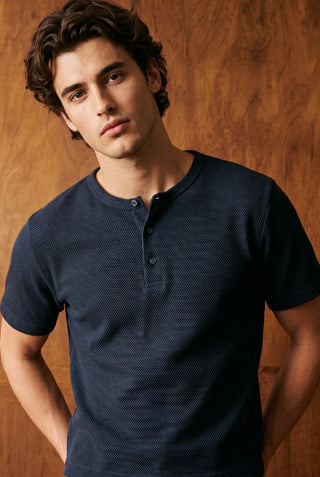 Popcorn Textured Henley Shirt in Navy HENLEY ATTIR-MEN