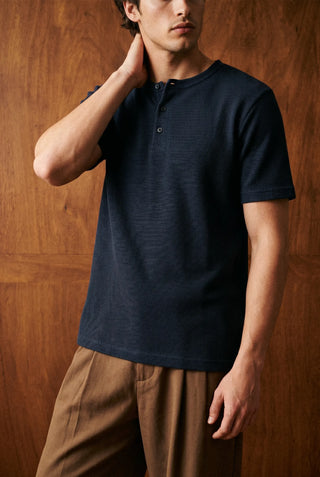Popcorn Textured Henley Shirt in Navy HENLEY ATTIR-MEN