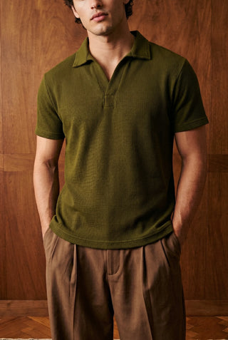 Waffle-Knit Revere Polo Shirt in Olive POLO ATTIR-MEN