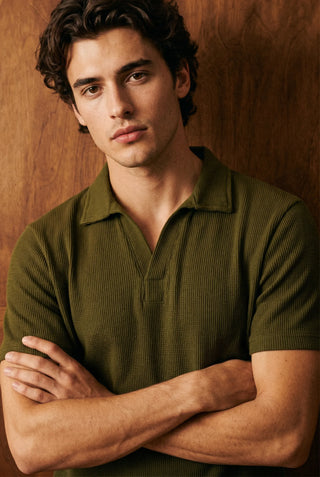 Waffle-Knit Revere Polo Shirt in Olive POLO ATTIR-MEN