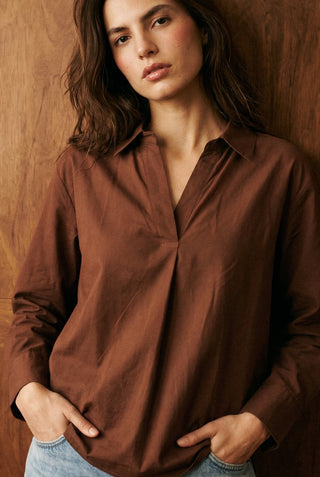 Summery V-notch Collar Shirt in Chocolate