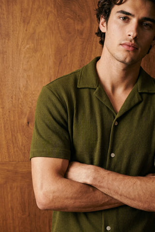 Waffle Textured Resort Shirt in Olive