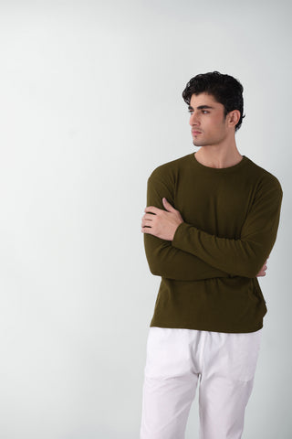 Waffle Textured Long Sleeves T-shirt in Olive