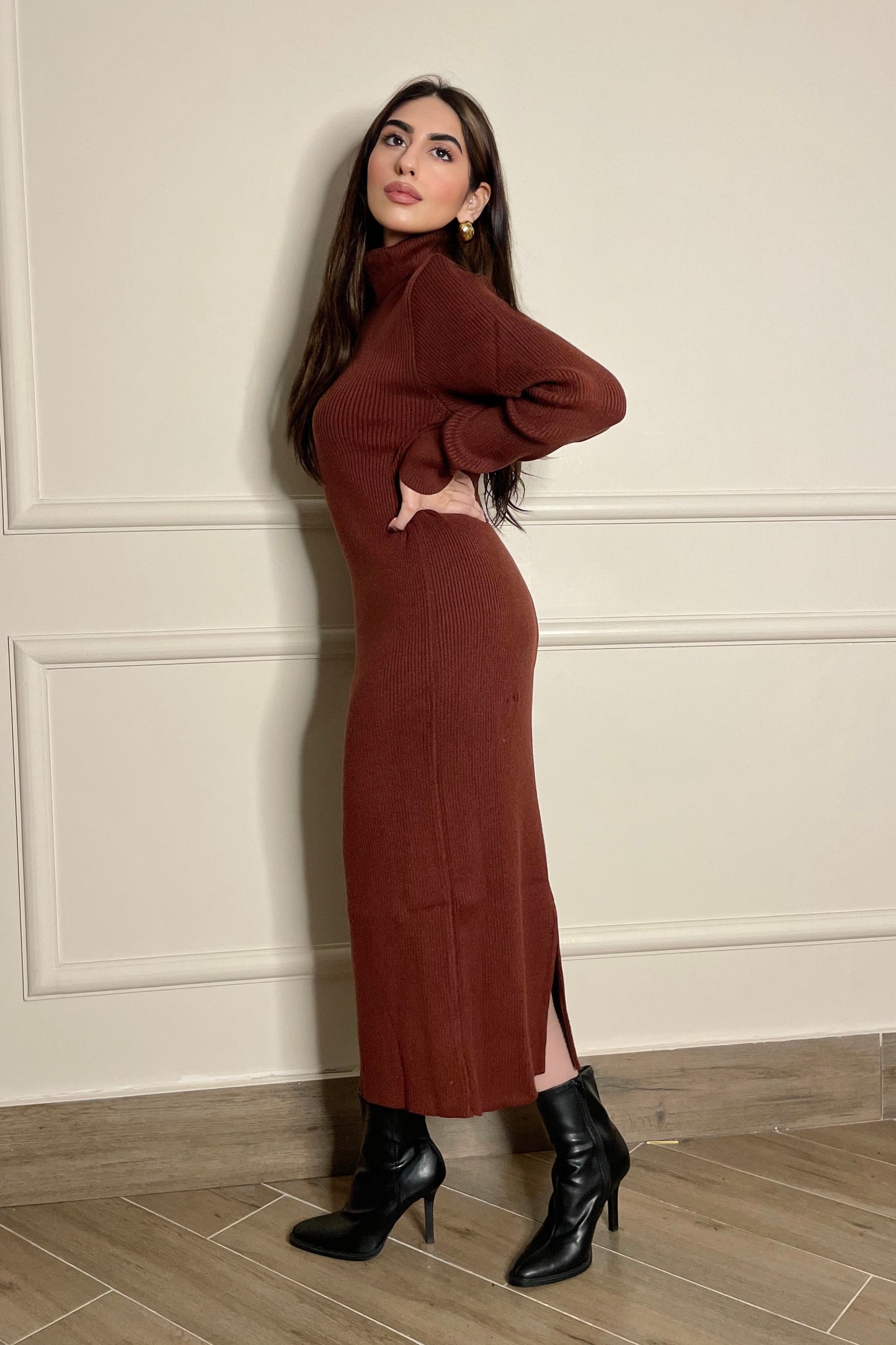 Turtle Neck Long Dress in Chocolate