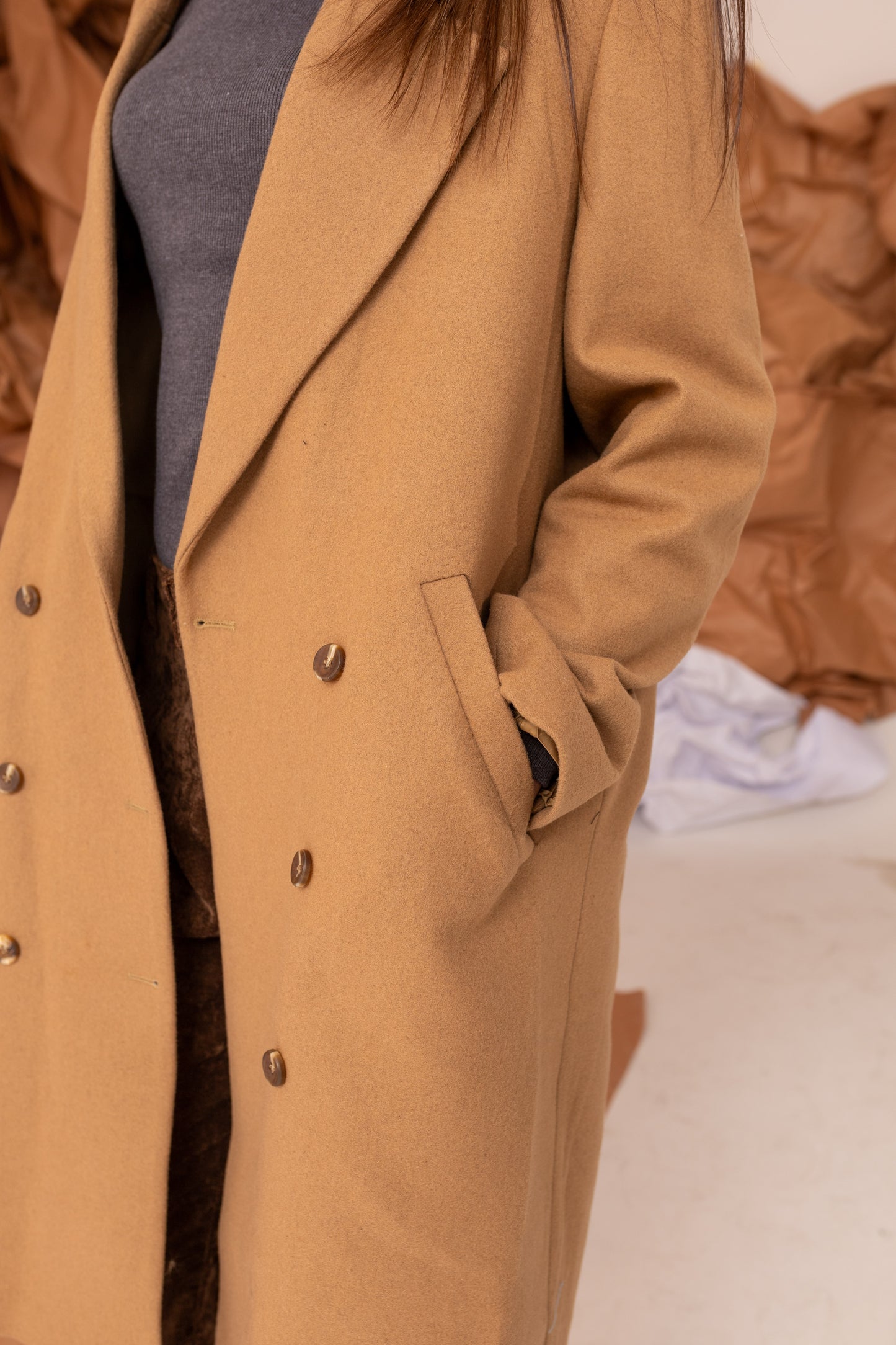 Double-Breasted Long Coat in Camel