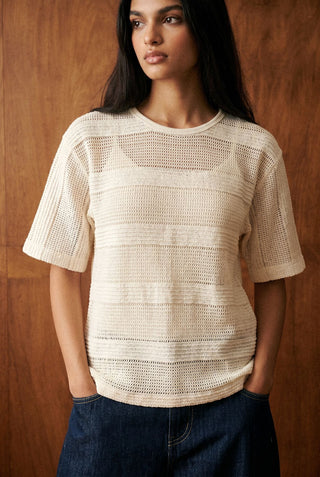 Relaxed Crochet Striped Tee in Ivory