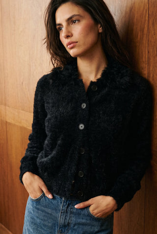Furry Knitted Collared Cardigan in Ink Black