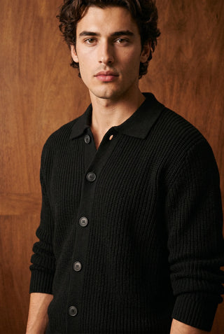 Cardigan Knitted Collared Jumper in Ink Black