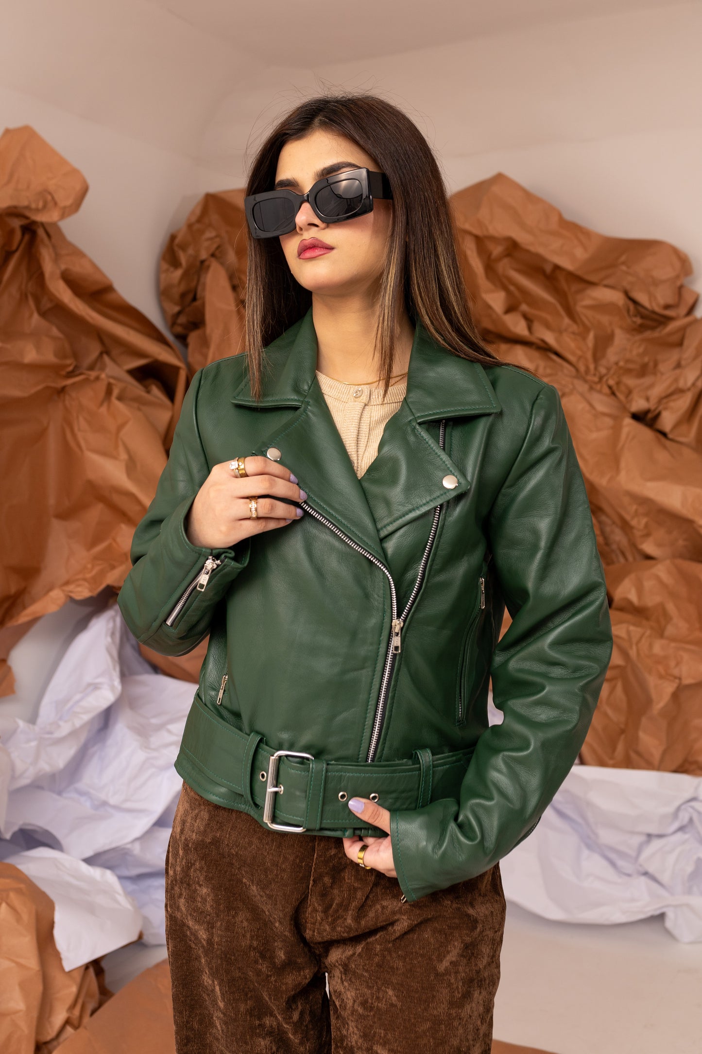 Leather Biker Jacket in Emerald Green