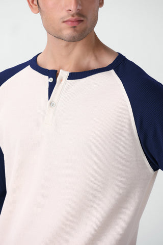 Waffle-Knit Raglan Henley in Navy Blue