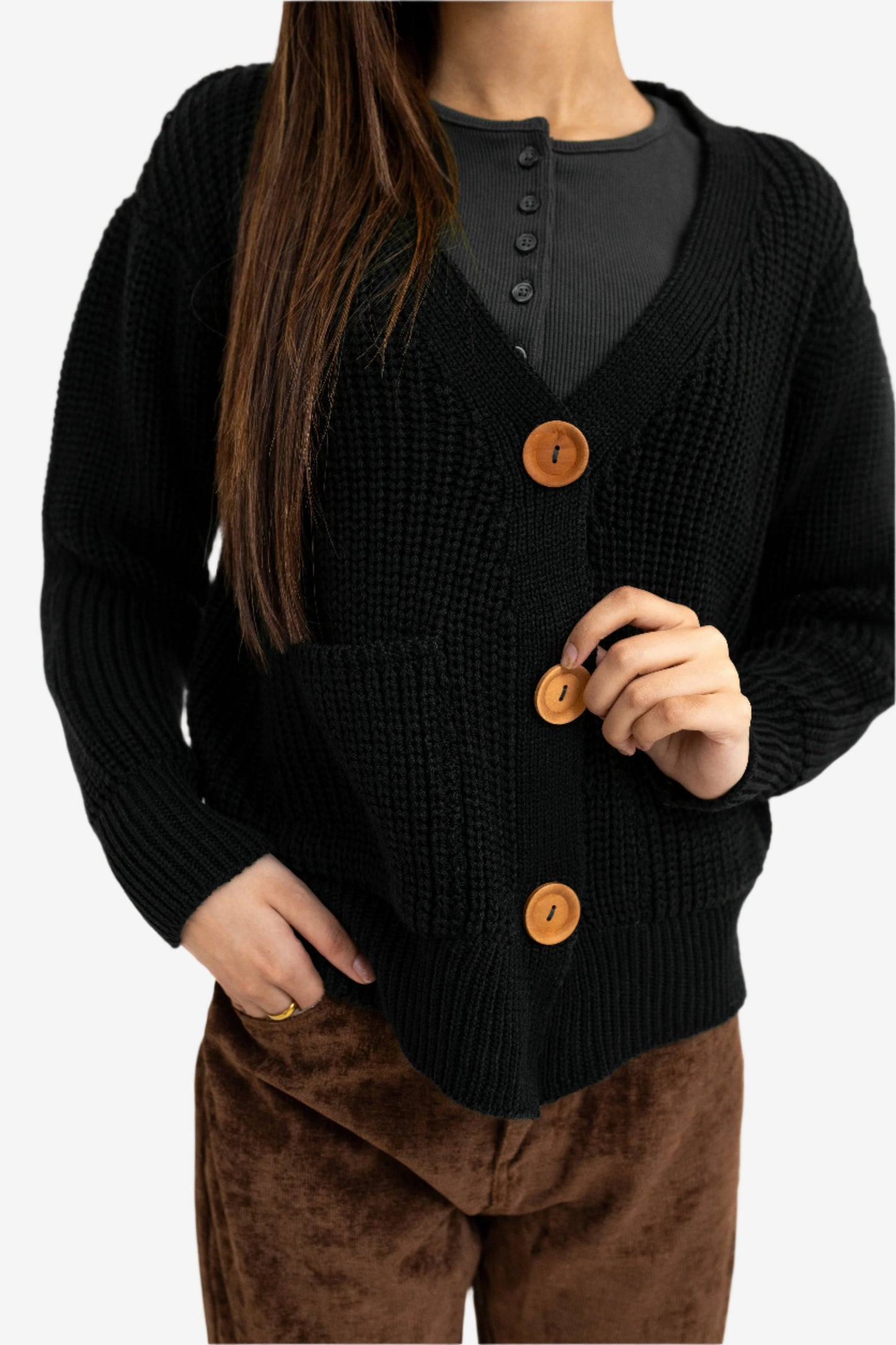 Fluffy Rib Knitted Cardigan in Black