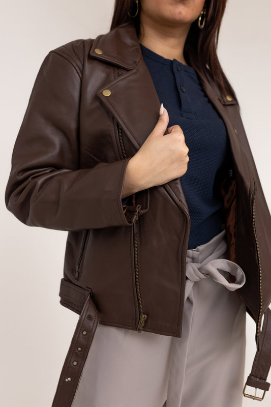 Oversized Leather Biker Jacket in Brown