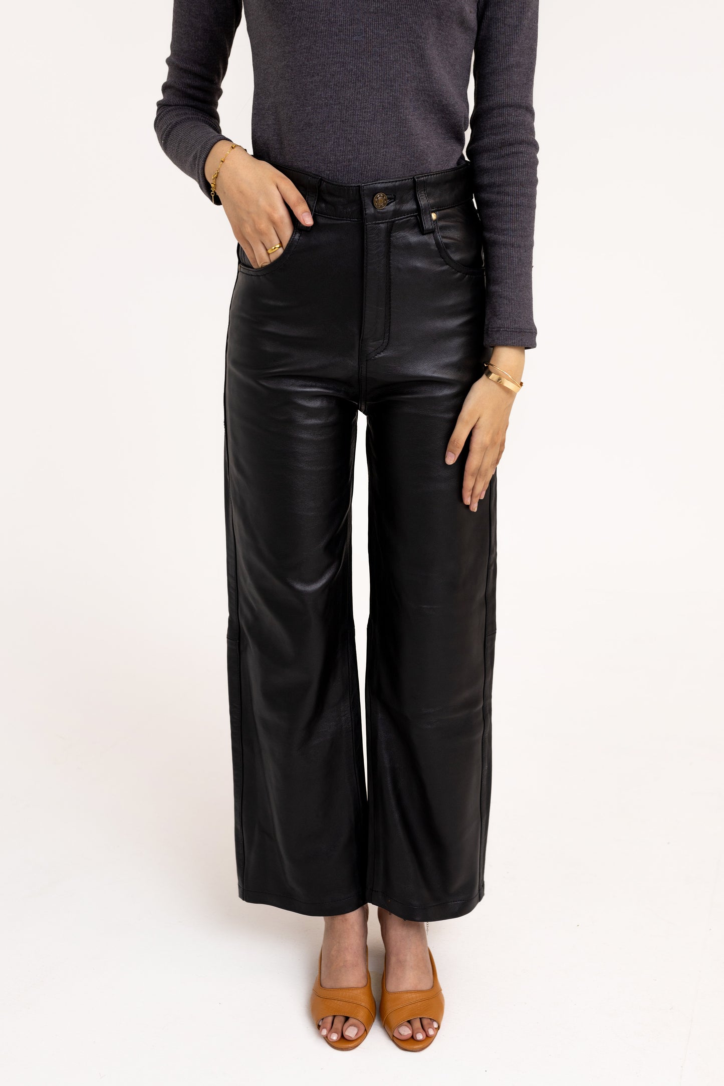 100% Leather Wide-Leg Jeans