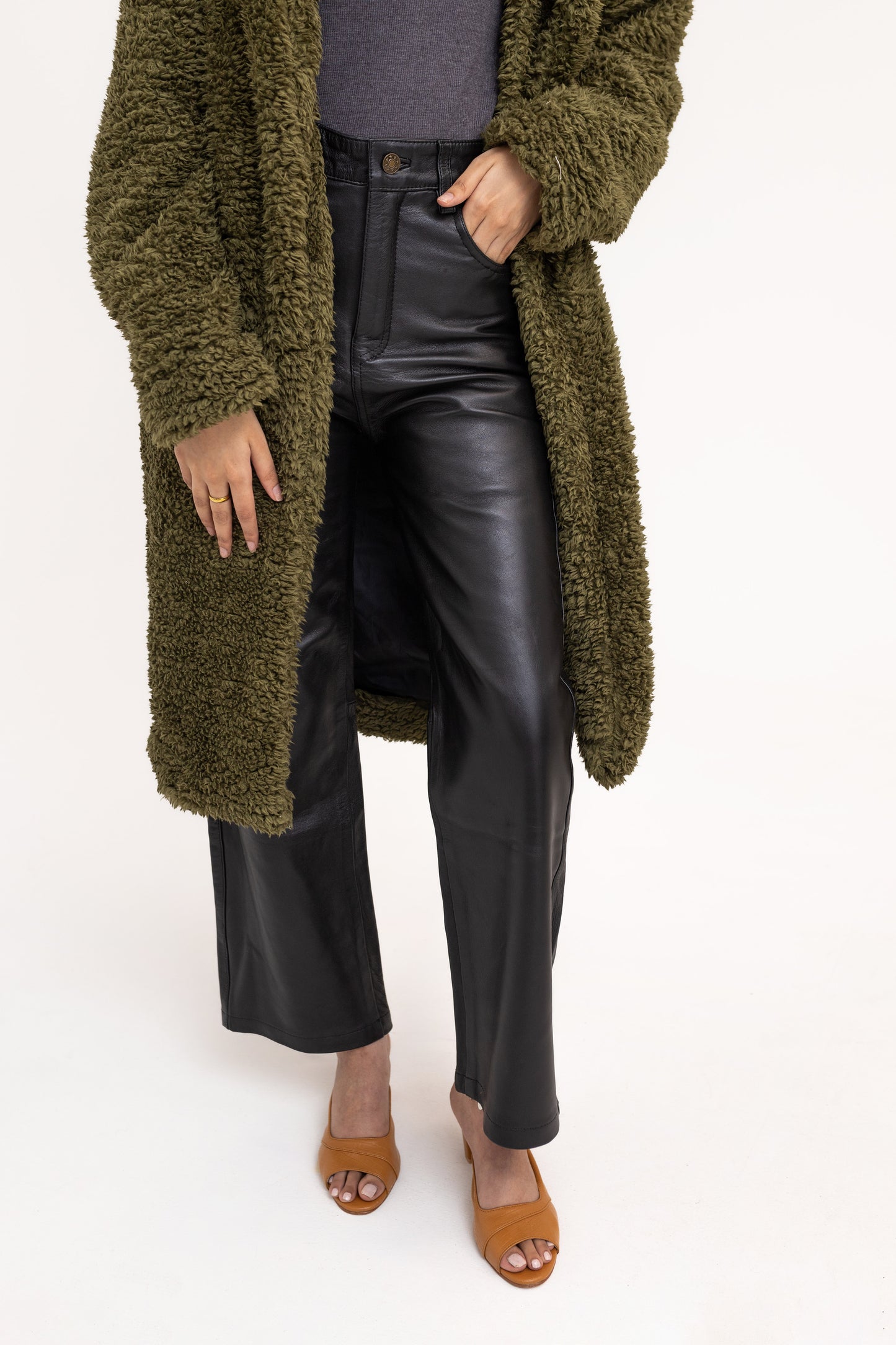 Fur Maxi Coat in Olive