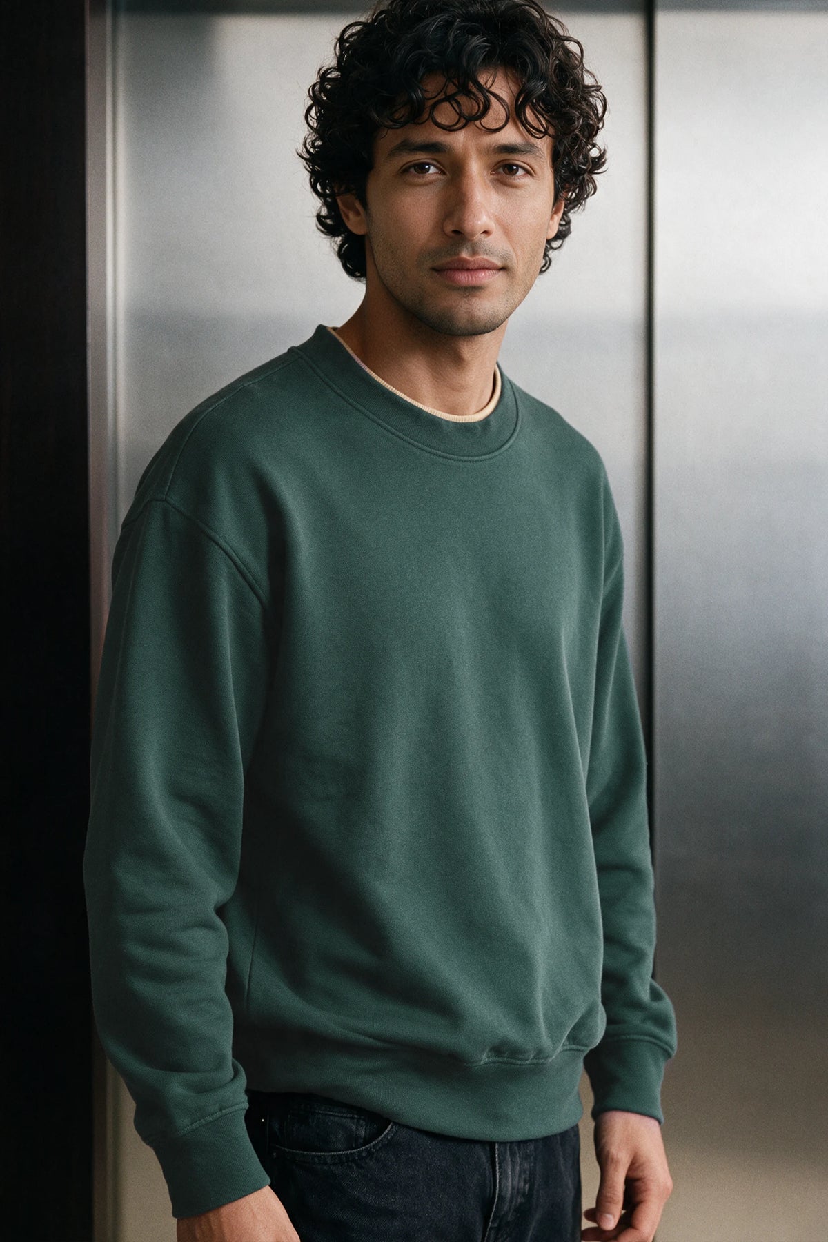 Neck Detail Fleece Sweatshirt / GREEN SWEATSHIRT ATTIR-UNISEX