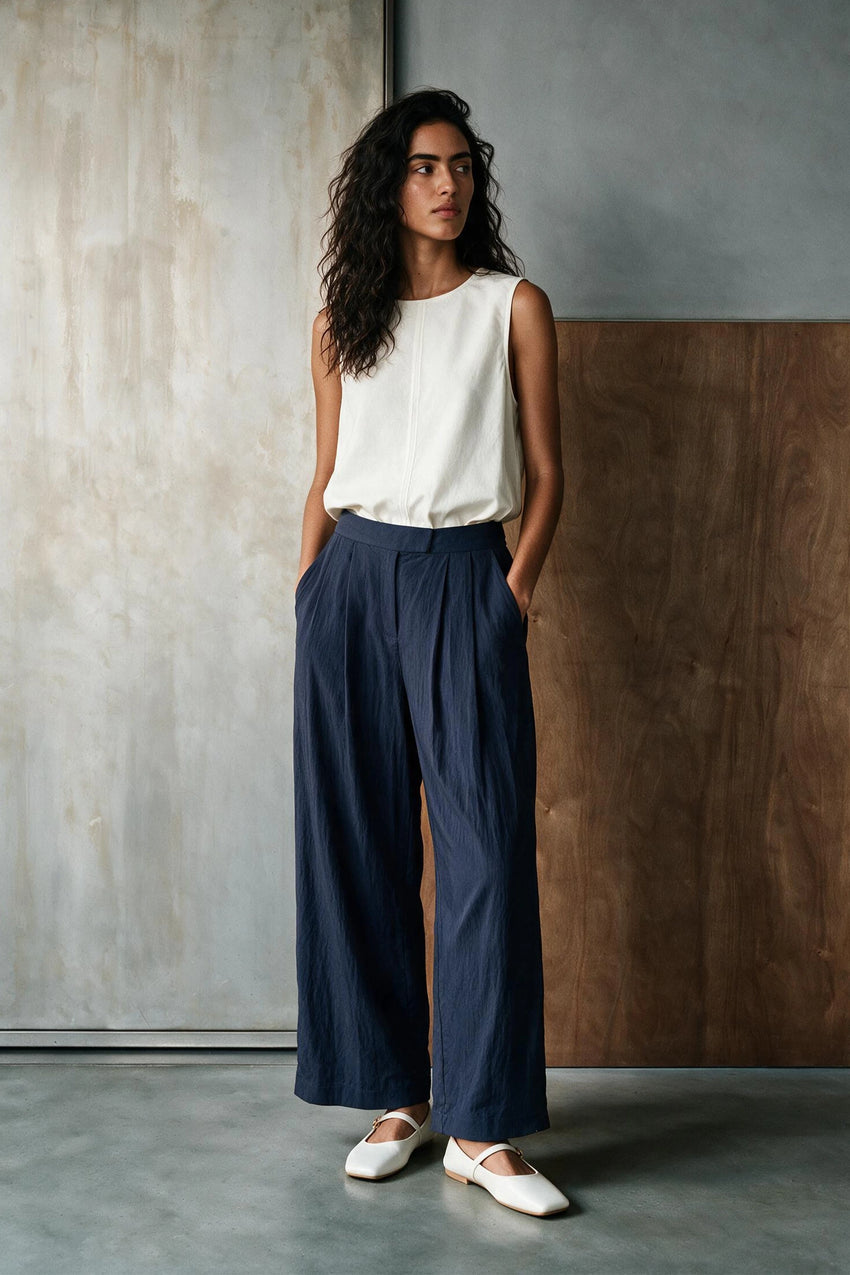 Classic Double Pleated Pants / NAVY TROUSER ATTIR-WOMEN