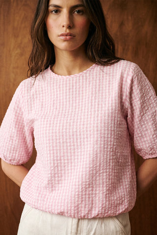 Seersucker Volume Blouse in Pink Check