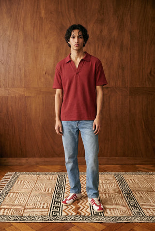 Waffle-Knit Revere Polo Shirt in Blood Red
