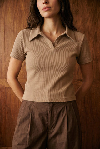 Waffle-Knit Polo Top in Stone