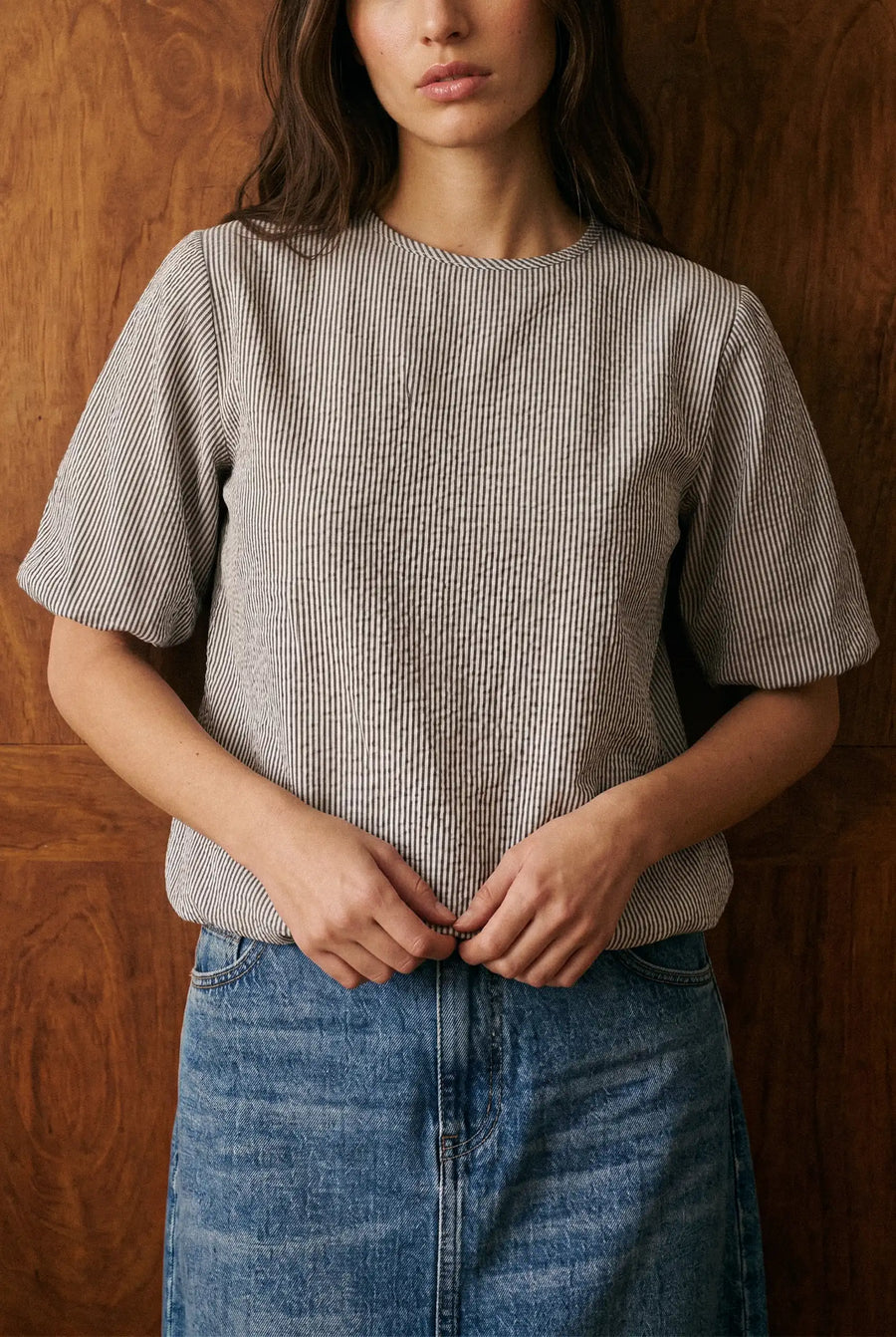 Seersucker Volume Blouse in Stripes