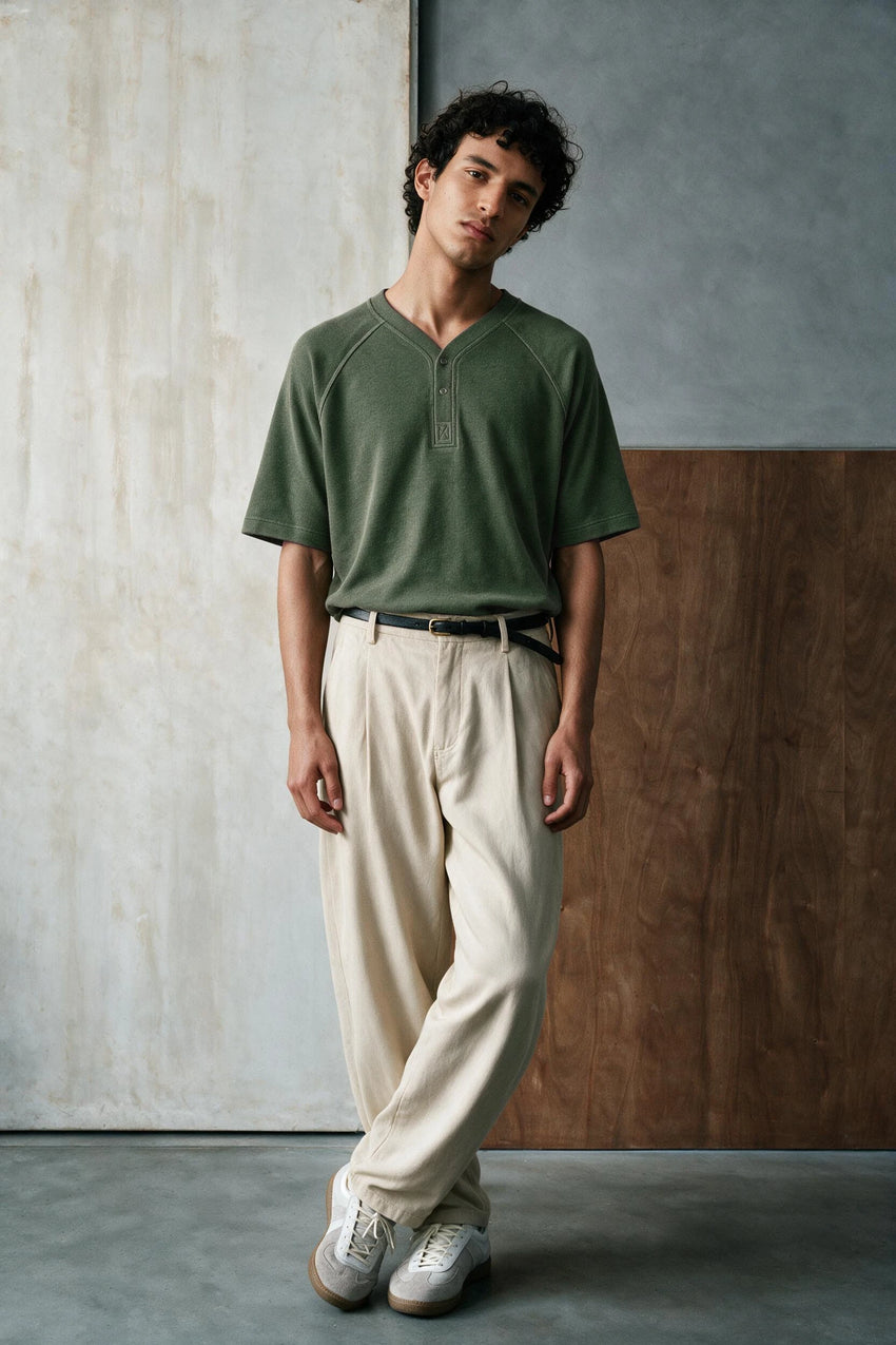 Baseball Neck Henley Shirt / GREEN HENLEY ATTIR-MEN