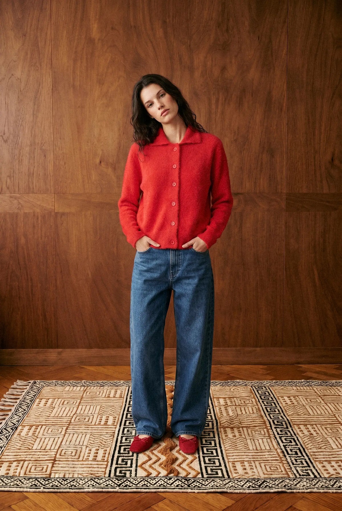 Furry Knitted Collared Cardigan in Scarlet Red CARDIGAN ATTIR-WOMEN
