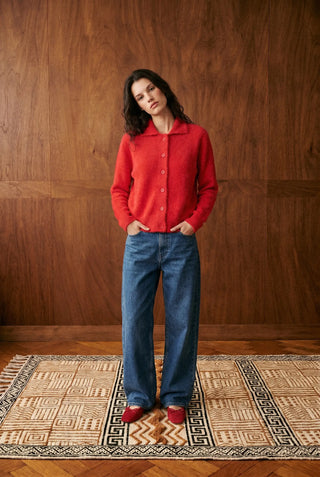 Furry Knitted Collared Cardigan in Scarlet Red