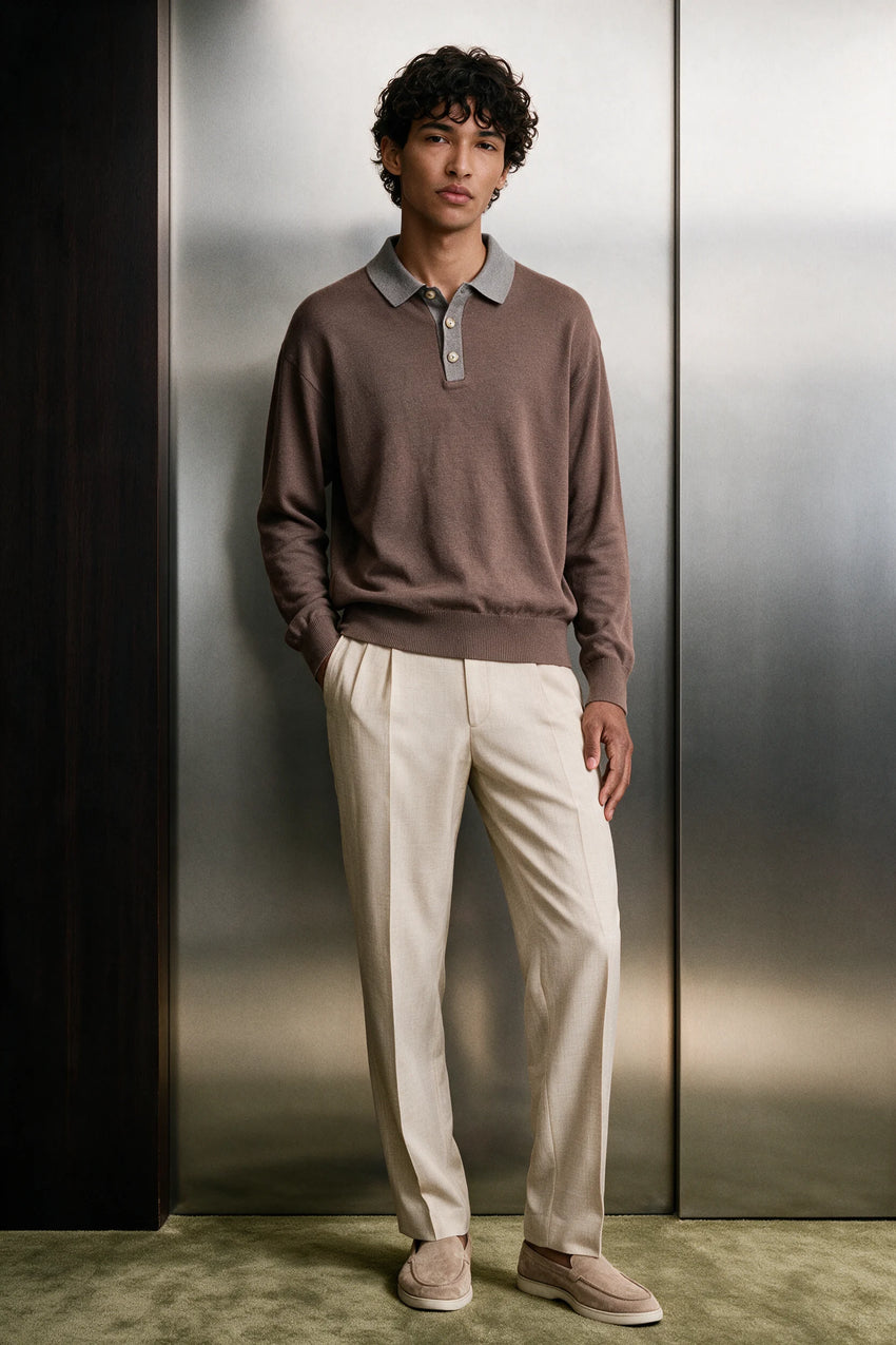 Contrast Knit Polo Sweater / BROWN SWEATER ATTIR-MEN