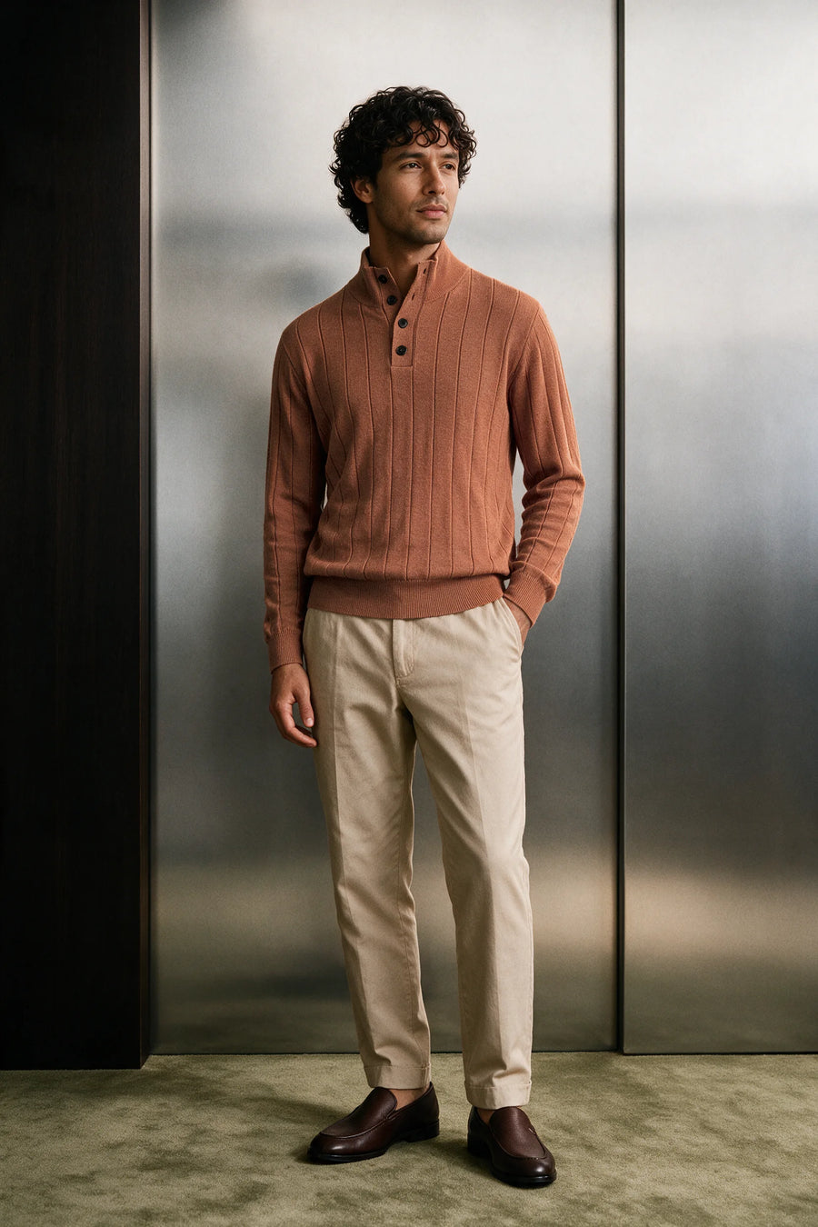 Mock-Neck Button Up Sweater / MELANGE BROWN