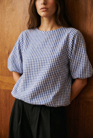 Seersucker Volume Blouse in Blue Check