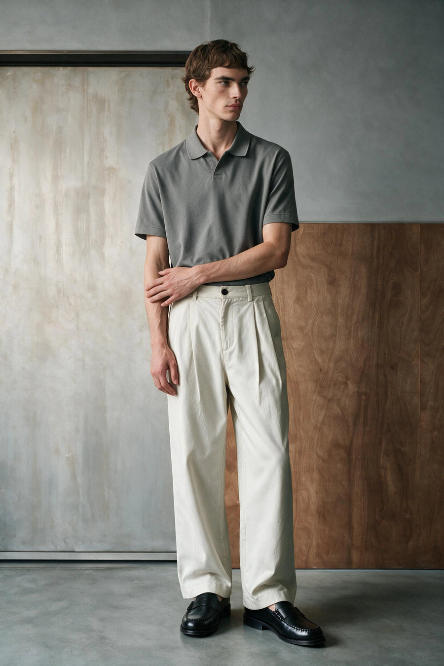 Relaxed Double Pleats Twill Pant /  GREY