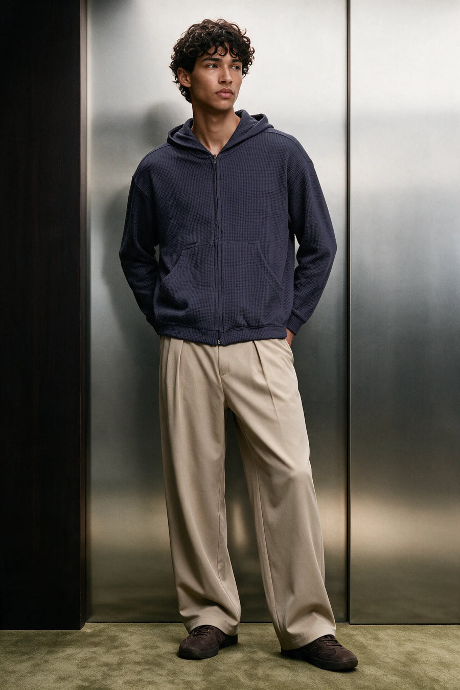 Waffle Zipper Hoodie /  NAVY