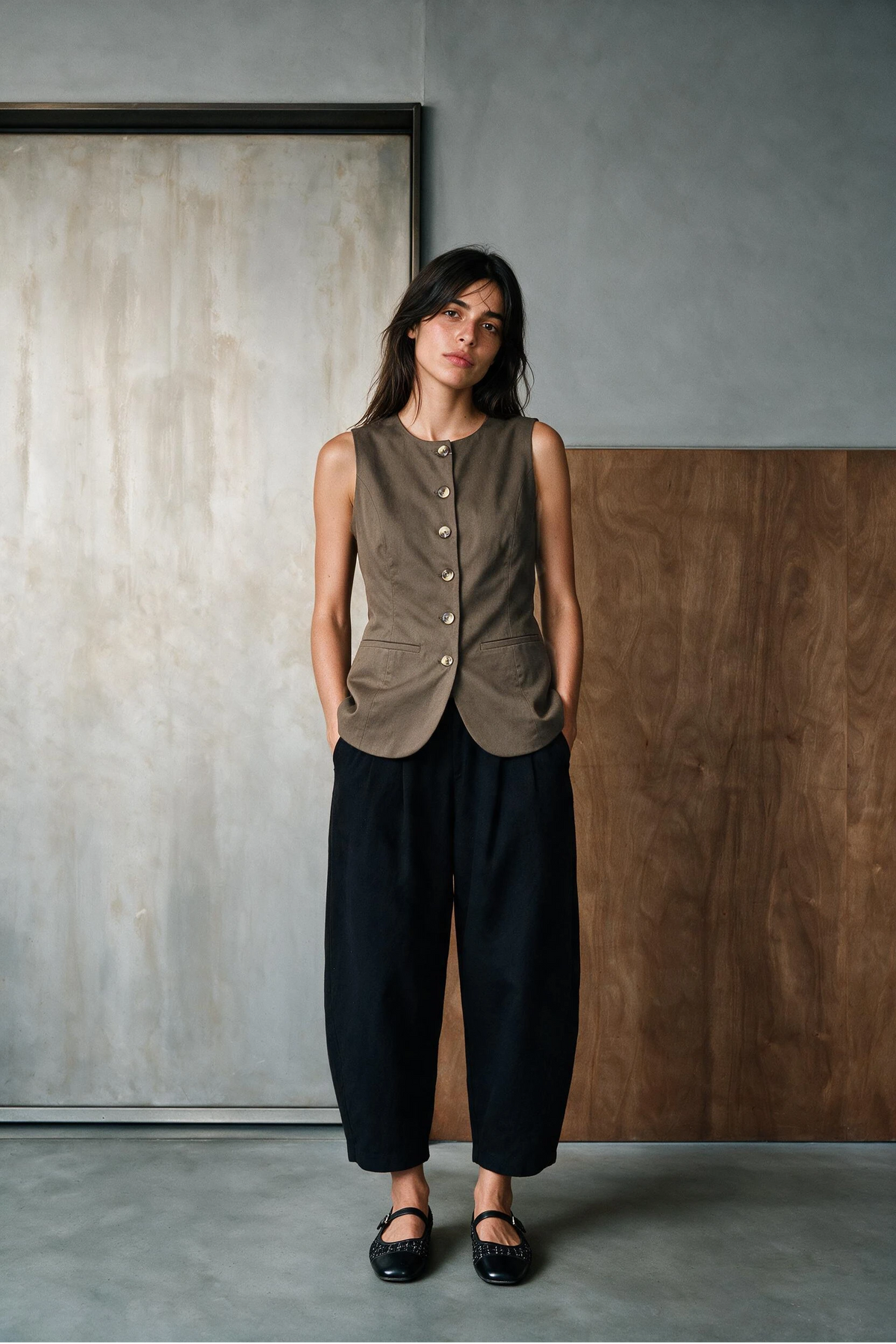Sleeveless Twill Vest / DARK OLIVE VEST ATTIR-WOMEN