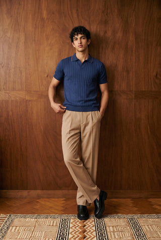 Tuck-Knit Polo Shirt in Night Blue