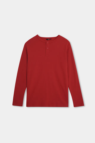 Popcorn-knit Henley in Crimson