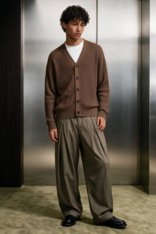 Rib-Knit Cardigan Sweater / BROWN