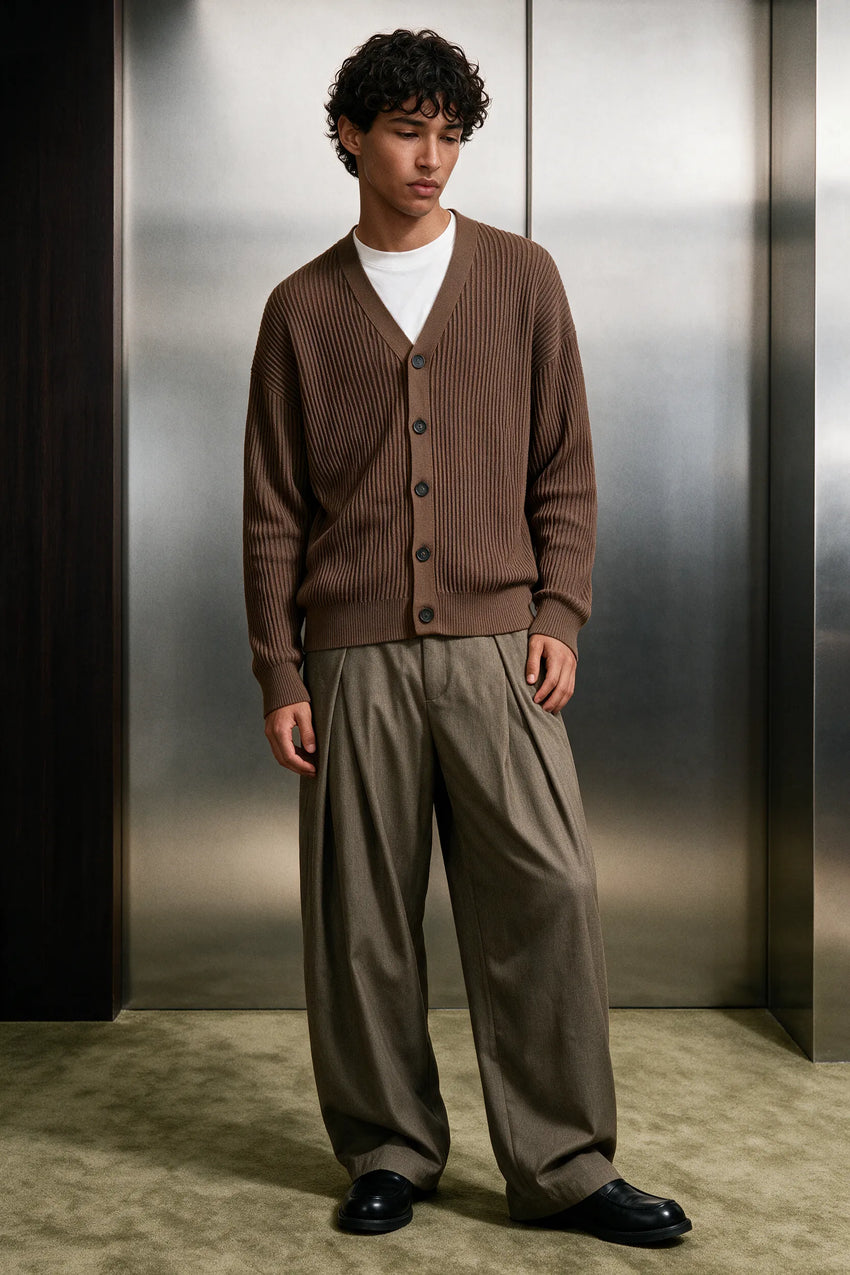Rib-Knit Cardigan Sweater / BROWN CARDIGAN ATTIR-UNISEX