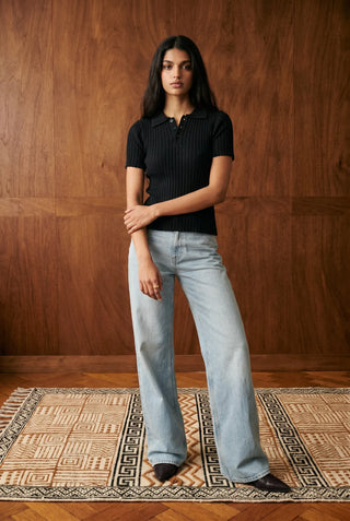 Rib-Knit Polo Top in Ink Black