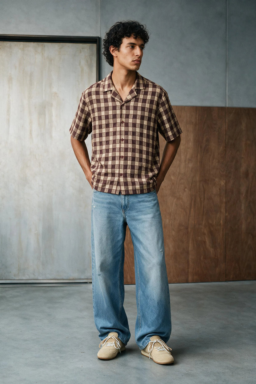 Textured Camp Collar Shirt / BROWN SHIRT ATTIR-UNISEX