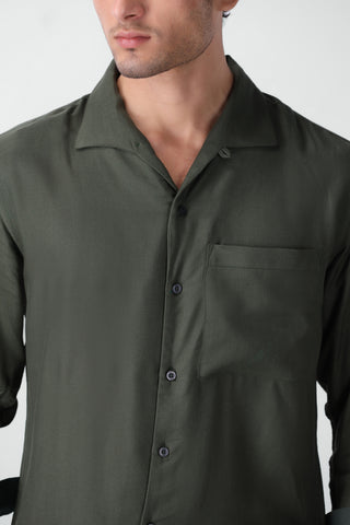 Seamless Collar Detail Boxy Shirt in Forest Green